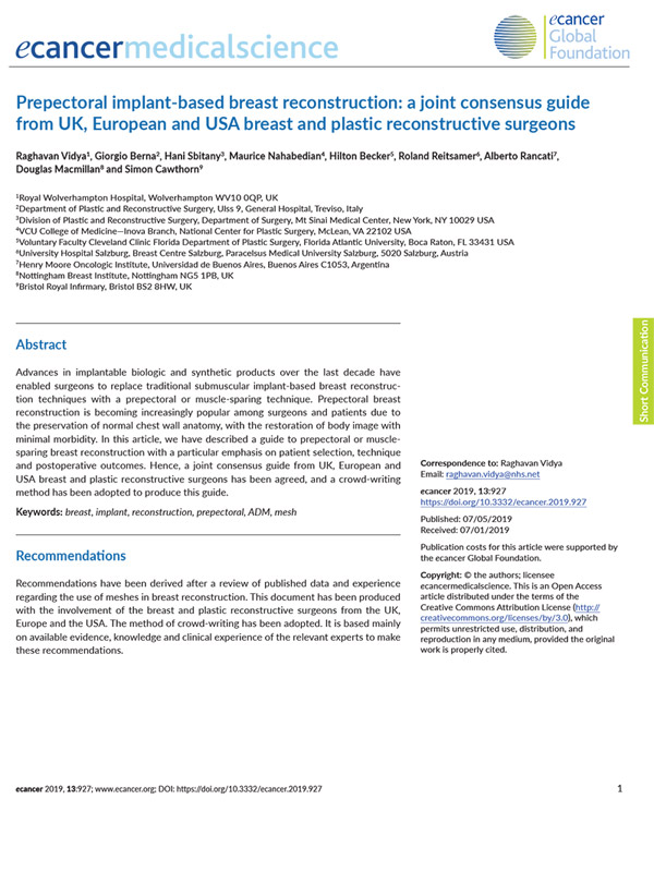 Prepectoral  implant-based  breast reconstruction:  a  joint consensus  guide from  UK, European and  USA  breast and  plastic reconstructive surgeons